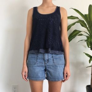 Navy Tank Top with Woven Overlay